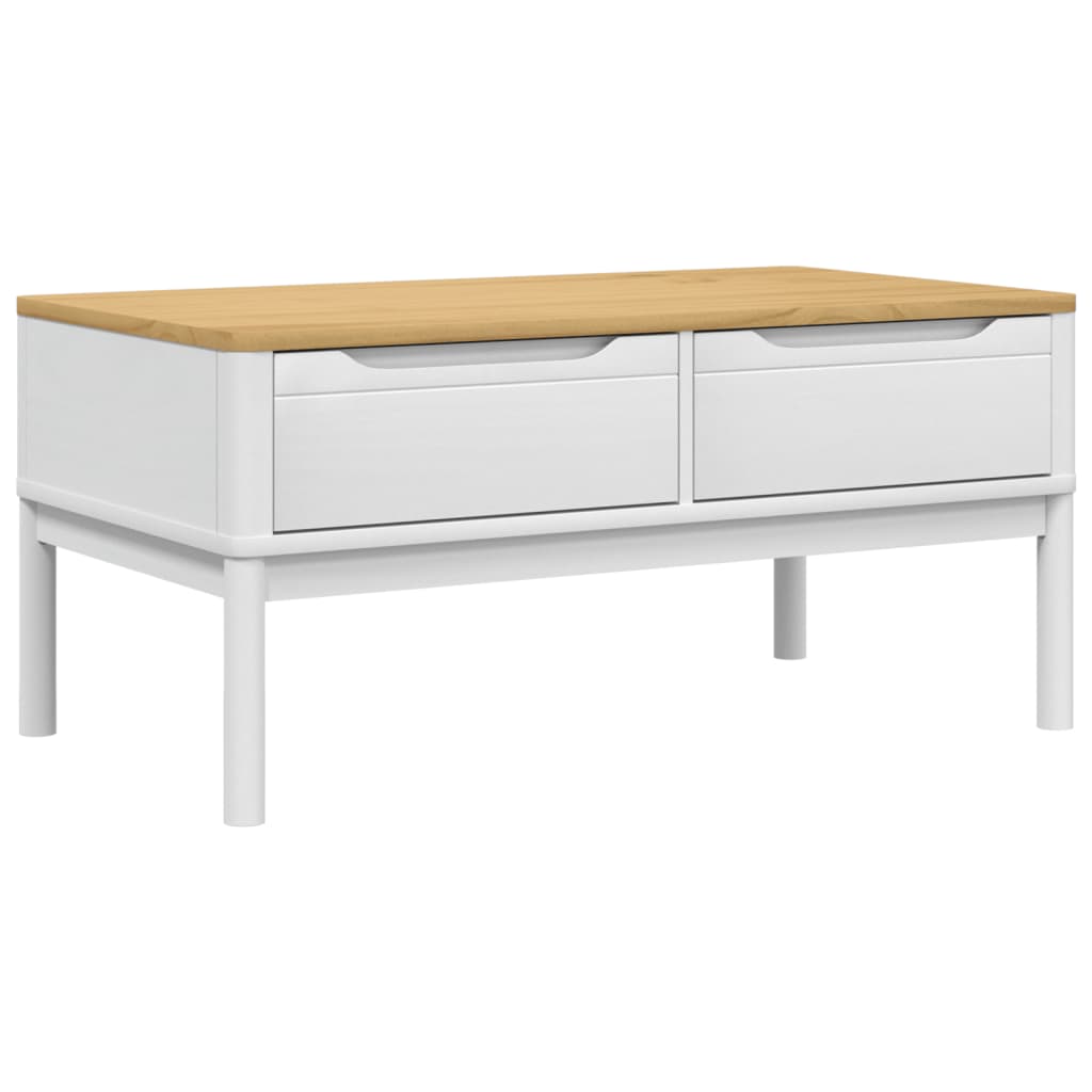 Table basse 99 cm en pin massif, blanc et bois clair, 2 tiroirs