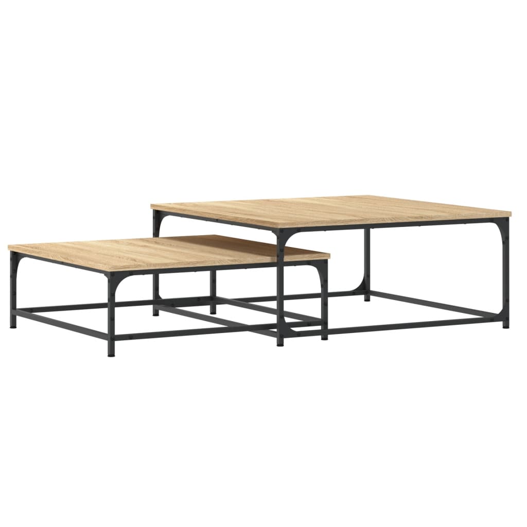 Tables gigognes carrées 80 et 70 cm, décor chêne sonoma, pieds fer noir, lot de 2