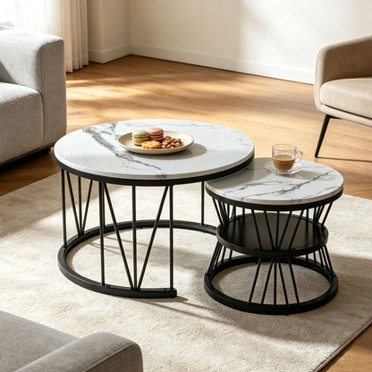 Tables gigognes rondes Ø70 et Ø45 décor marbre blanc, cadre métal noir, lot de 2