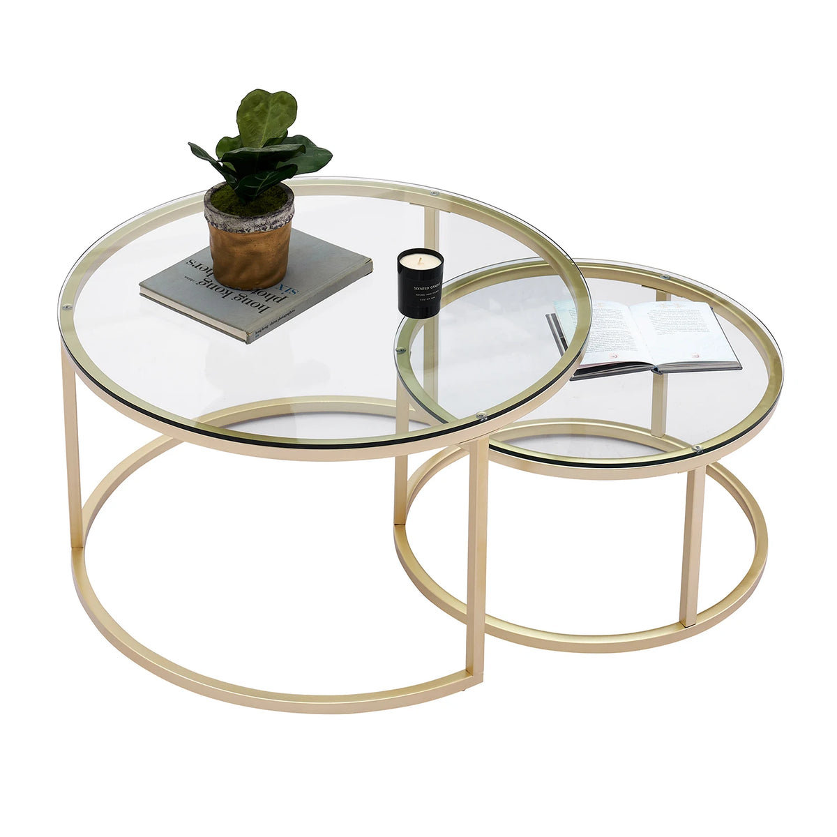 Tables gigognes rondes Ø80 et Ø60 en verre, cadre doré, lot de 2