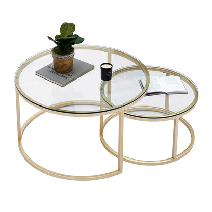 Tables gigognes rondes Ø80 et Ø60 en verre, cadre doré, lot de 2