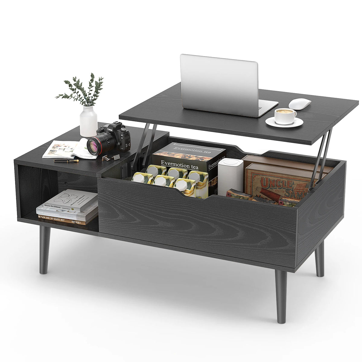 Table basse relevable 100 cm décor frêne noir, avec niche