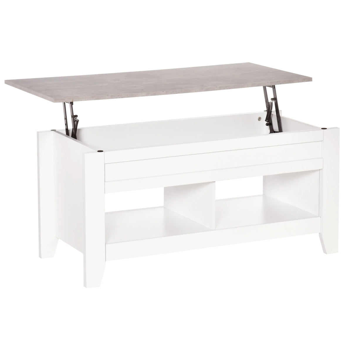 Table basse relevable 105 cm blanc et chêne grisé, 2 compartiments