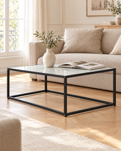 Table basse verre décor marbre blanc 100 - salon