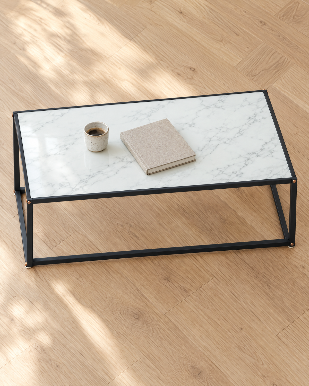 Table basse verre décor marbre blanc 100 - vue plongeante