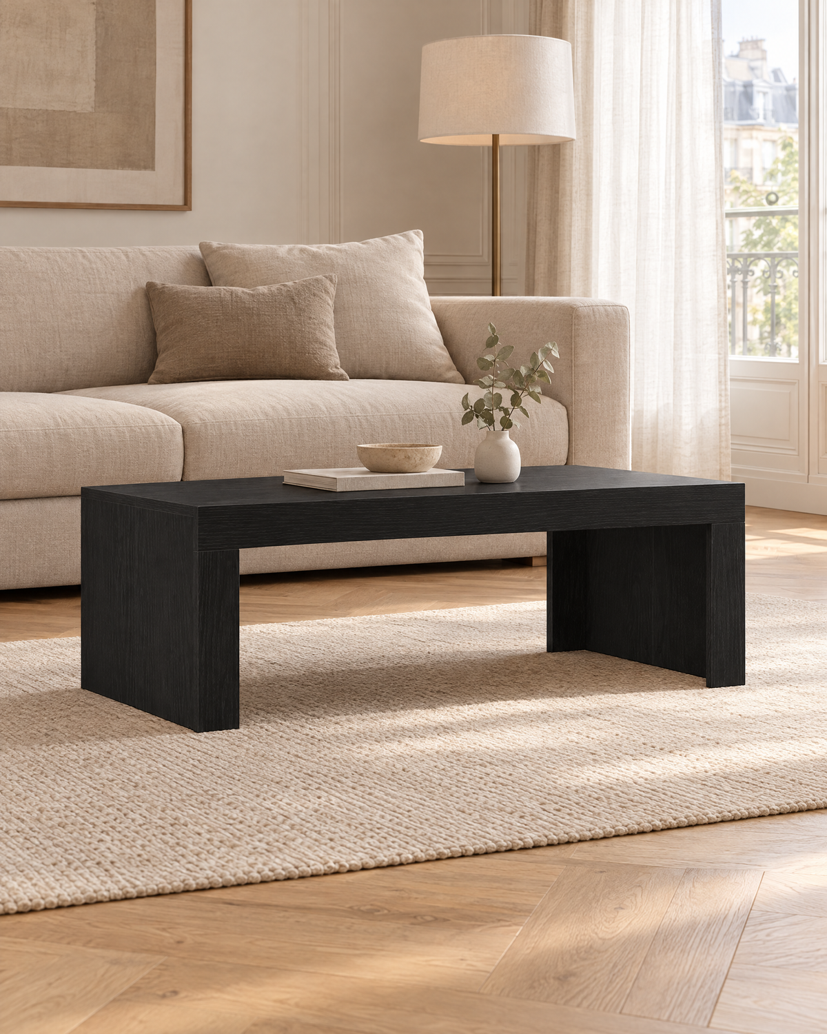 Table basse japandi décor chêne noir 102 - plan large