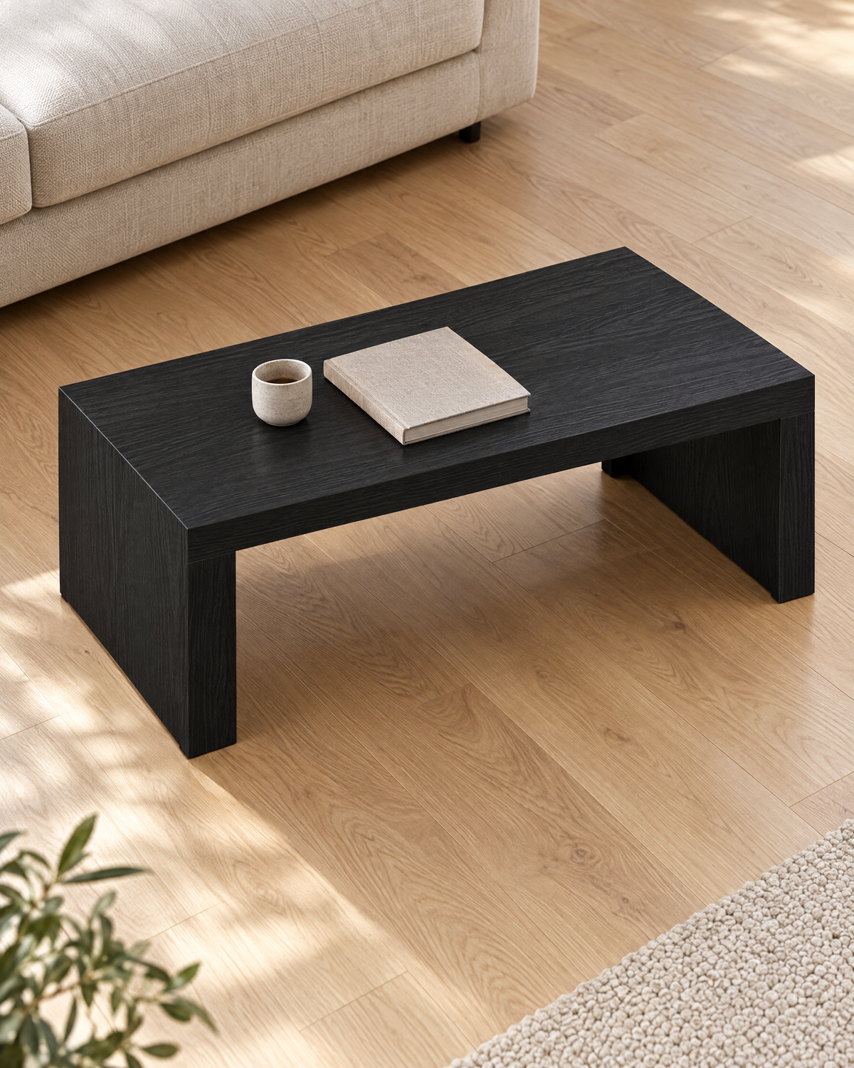 Table basse japandi décor chêne noir 102 - vue plongeante