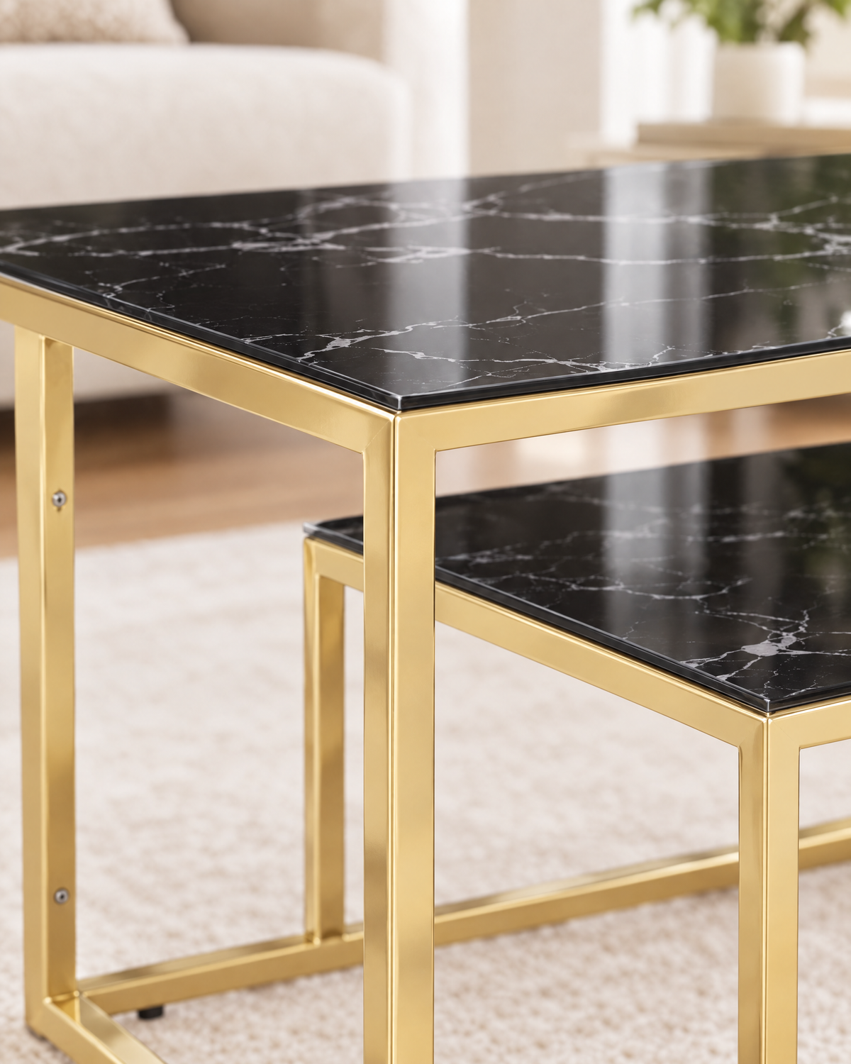Table basse verre décor marbre noir 110 doré - détail