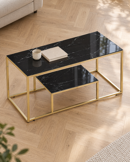 Table basse verre décor marbre noir 110 doré - vue plongeante