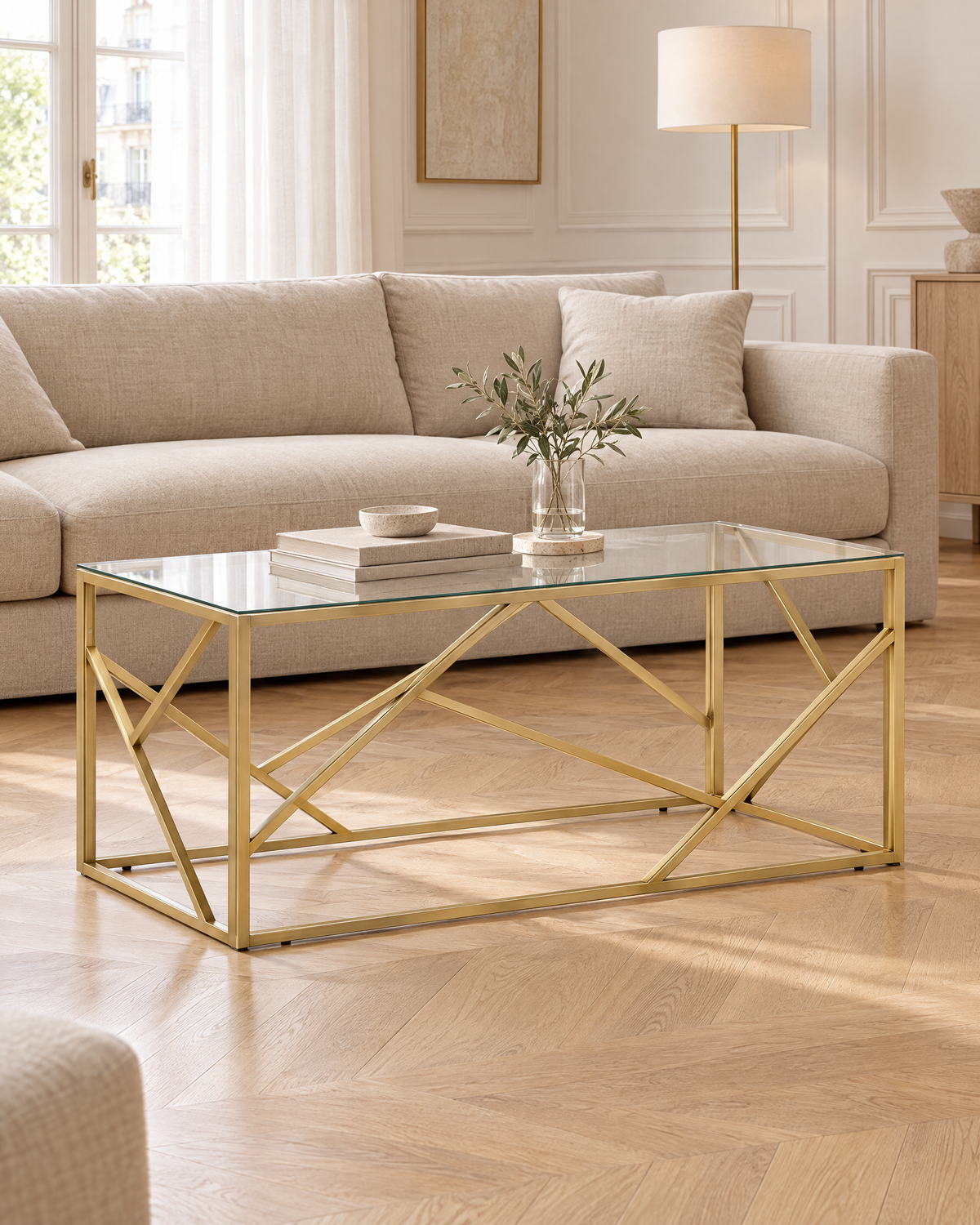 Table basse verre cadre doré géométrique 110 - plan large