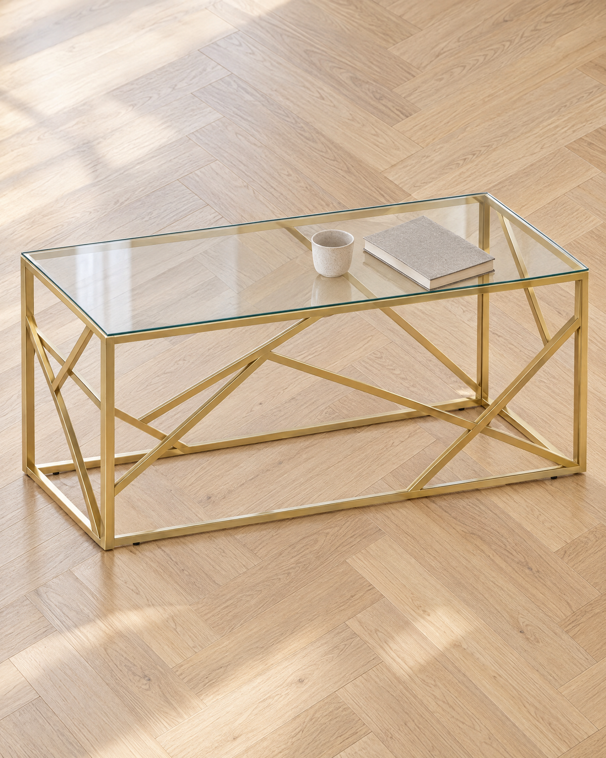 Table basse verre cadre doré géométrique 110 - vue plongeante