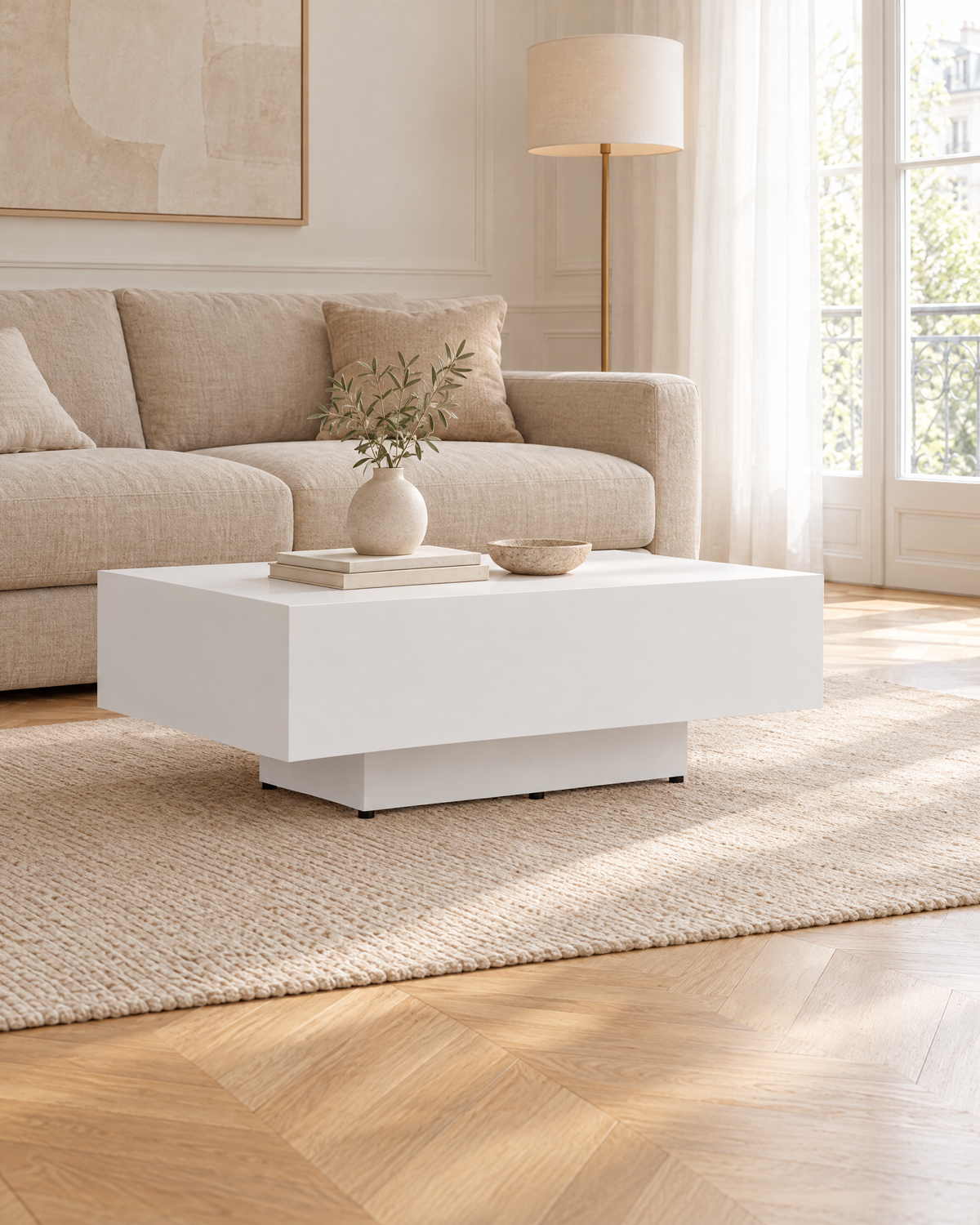 Table basse blanc mat socle 85 - plan large