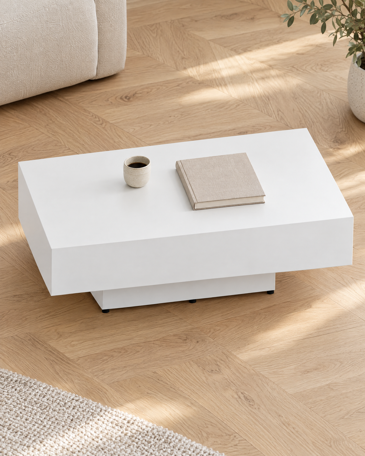 Table basse blanc mat socle 85 - vue plongeante