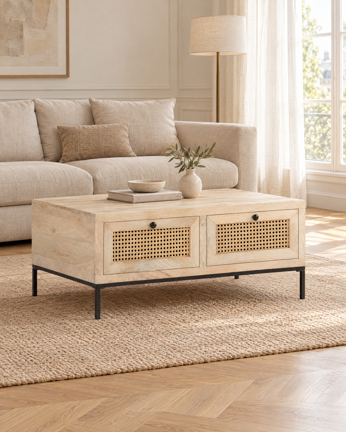 Table basse manguier cannage 90 - plan large