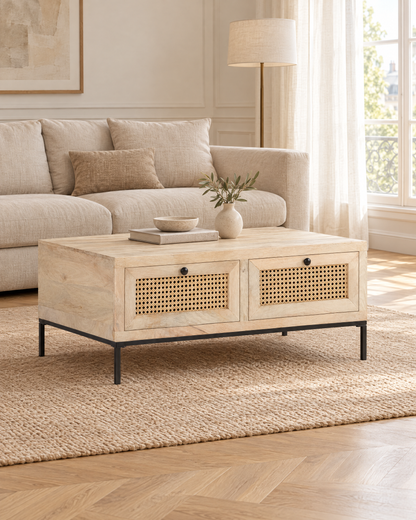 Table basse manguier cannage 90 - plan large
