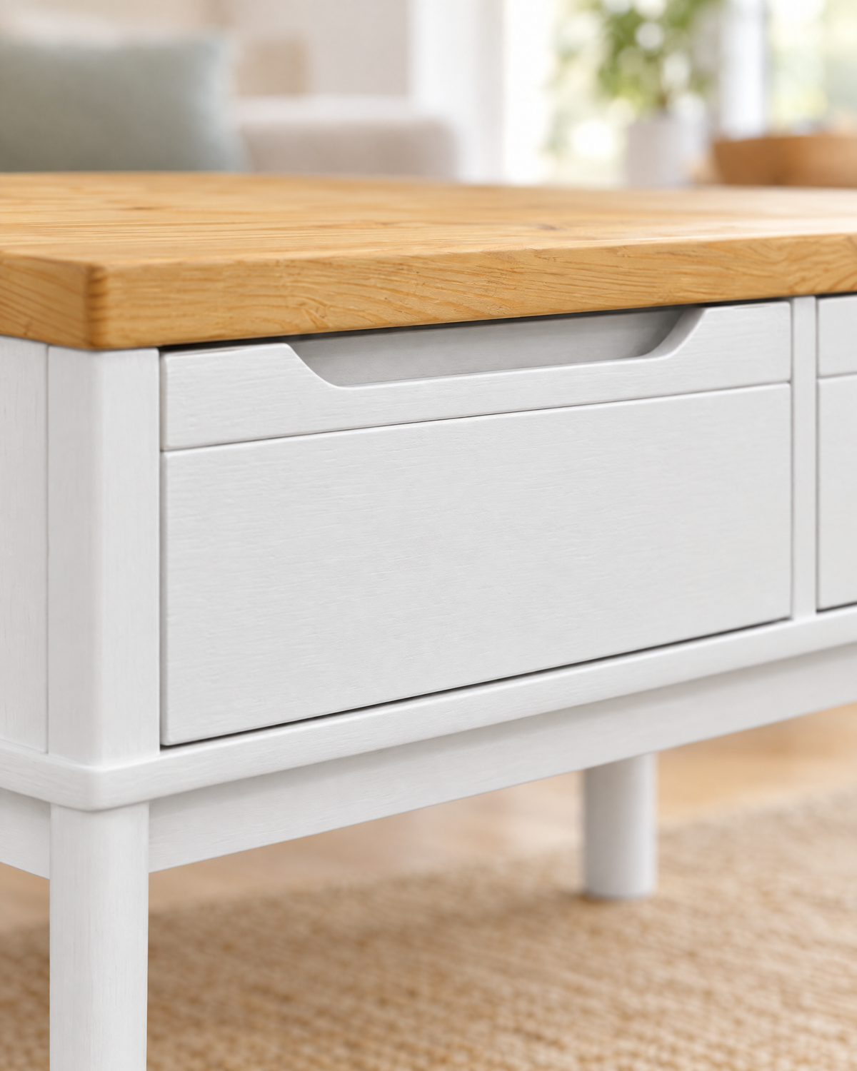 Table basse pin blanc 2 tiroirs 99 - détail