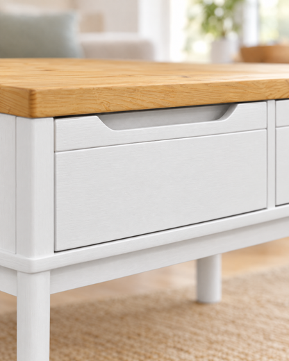Table basse pin blanc 2 tiroirs 99 - détail