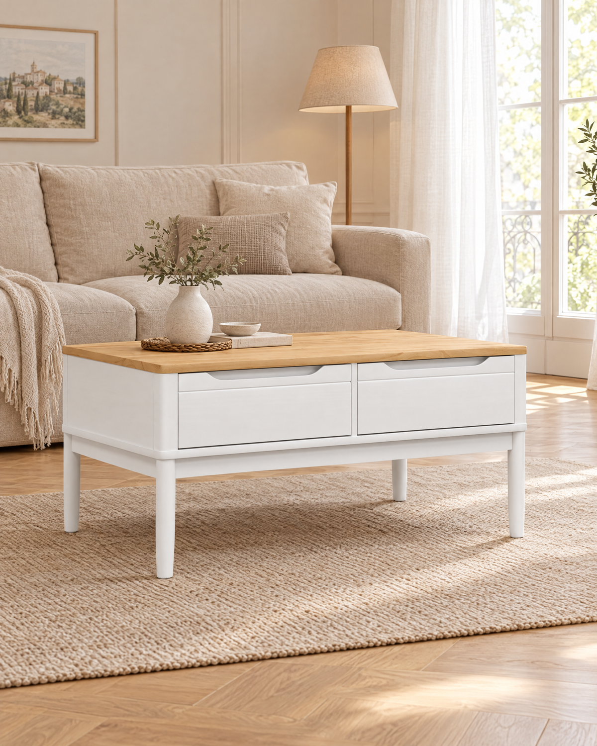 Table basse pin blanc 2 tiroirs 99 - plan large
