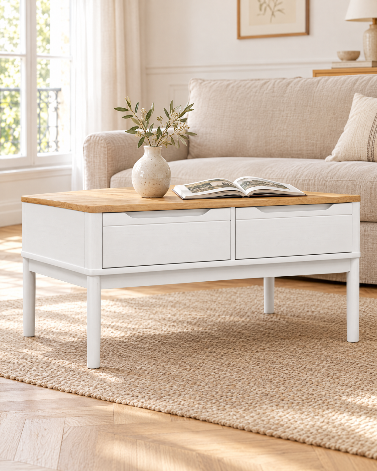 Table basse pin blanc 2 tiroirs 99 - salon