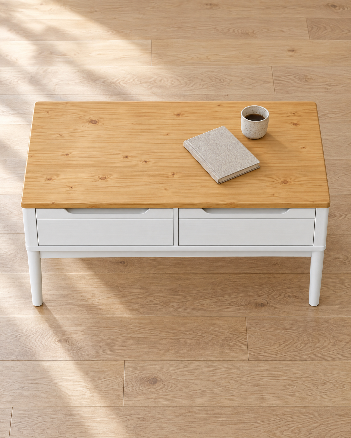 Table basse pin blanc 2 tiroirs 99 - vue plongeante