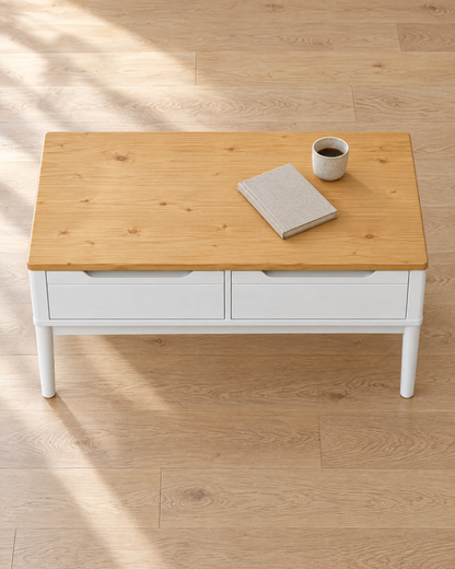 Table basse pin blanc 2 tiroirs 99 - vue plongeante
