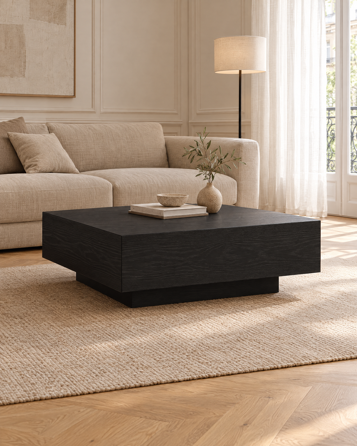 Table basse carrée décor chêne noir 100 - plan large