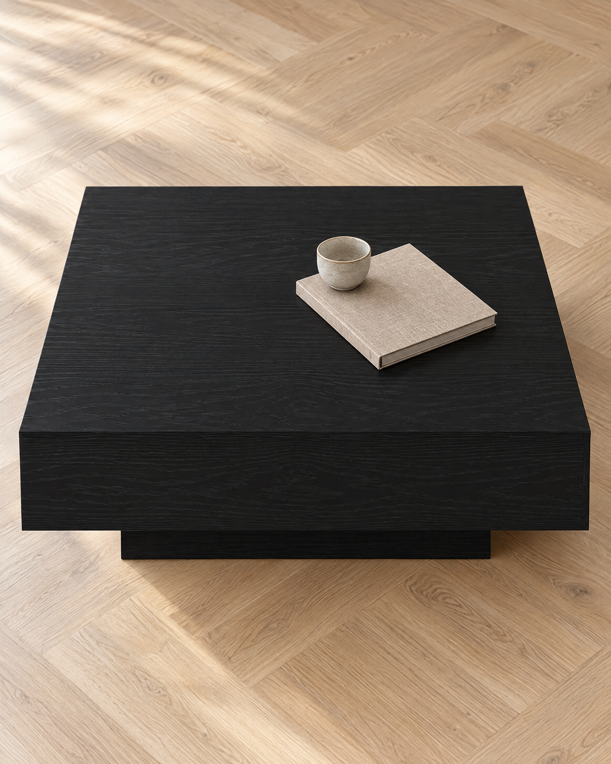 Table basse carrée décor chêne noir 100 - vue plongeante