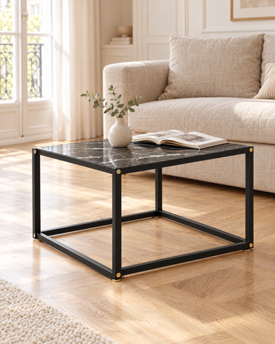 Table basse carrée 60 cm en verre, décor marbre noir
