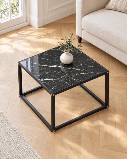 Table basse verre décor marbre noir 60 - vue plongeante