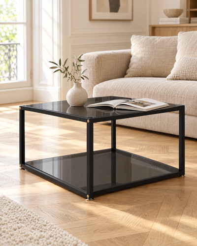 Table basse carrée 60 cm en verre trempé noir uni