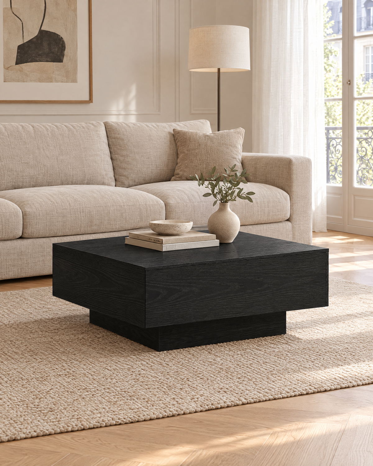 Table basse carrée décor chêne noir 80 - plan large