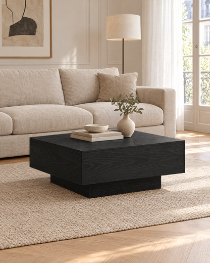 Table basse carrée décor chêne noir 80 - plan large