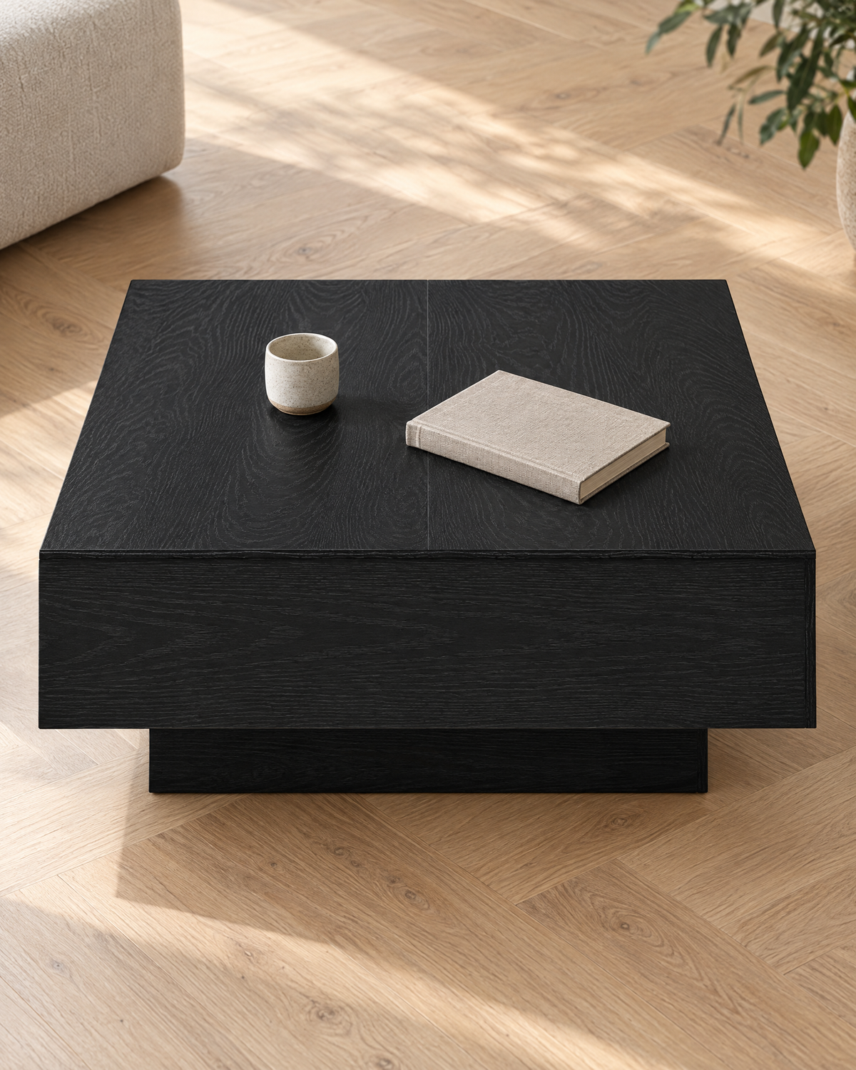 Table basse carrée décor chêne noir 80 - vue plongeante