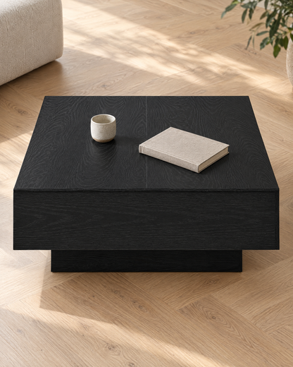 Table basse carrée décor chêne noir 80 - vue plongeante