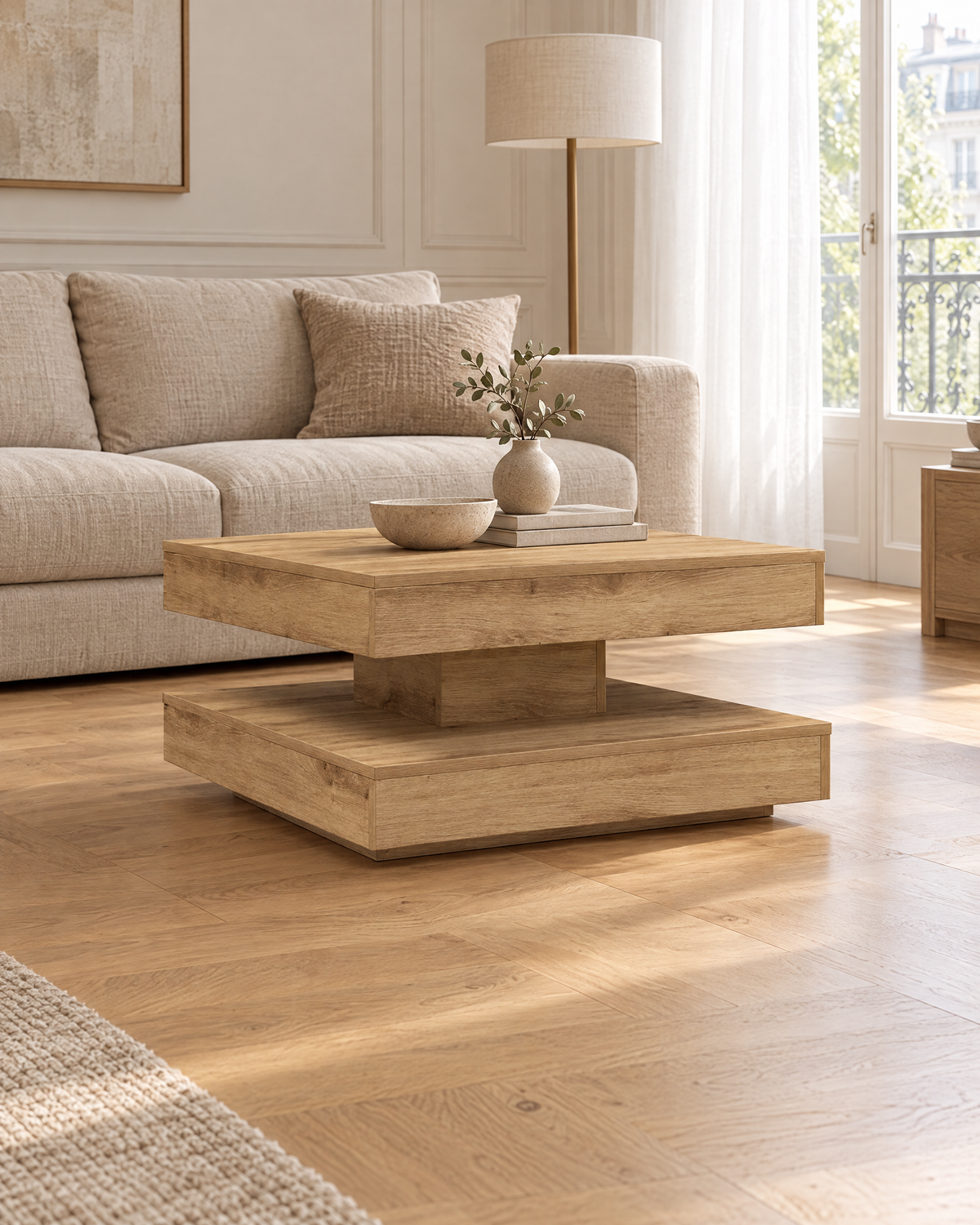 Table basse pivotante décor chêne 70 - plan large