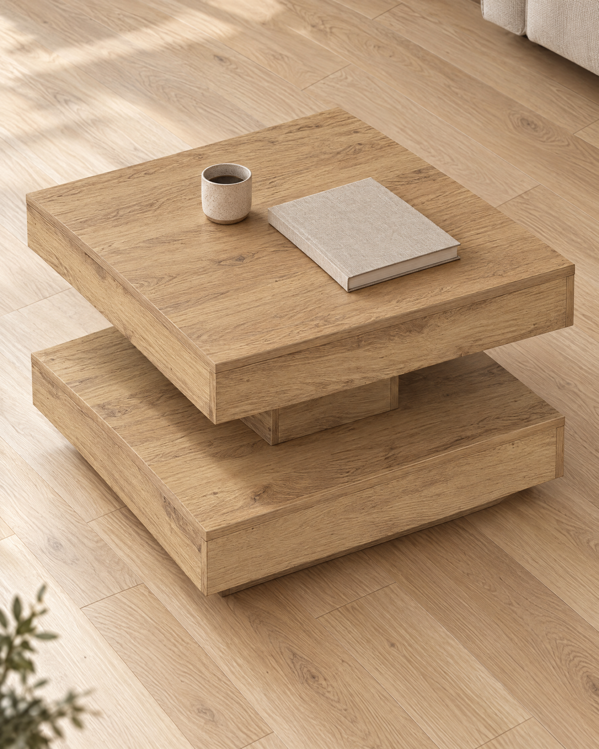 Table basse pivotante décor chêne 70 - vue plongeante