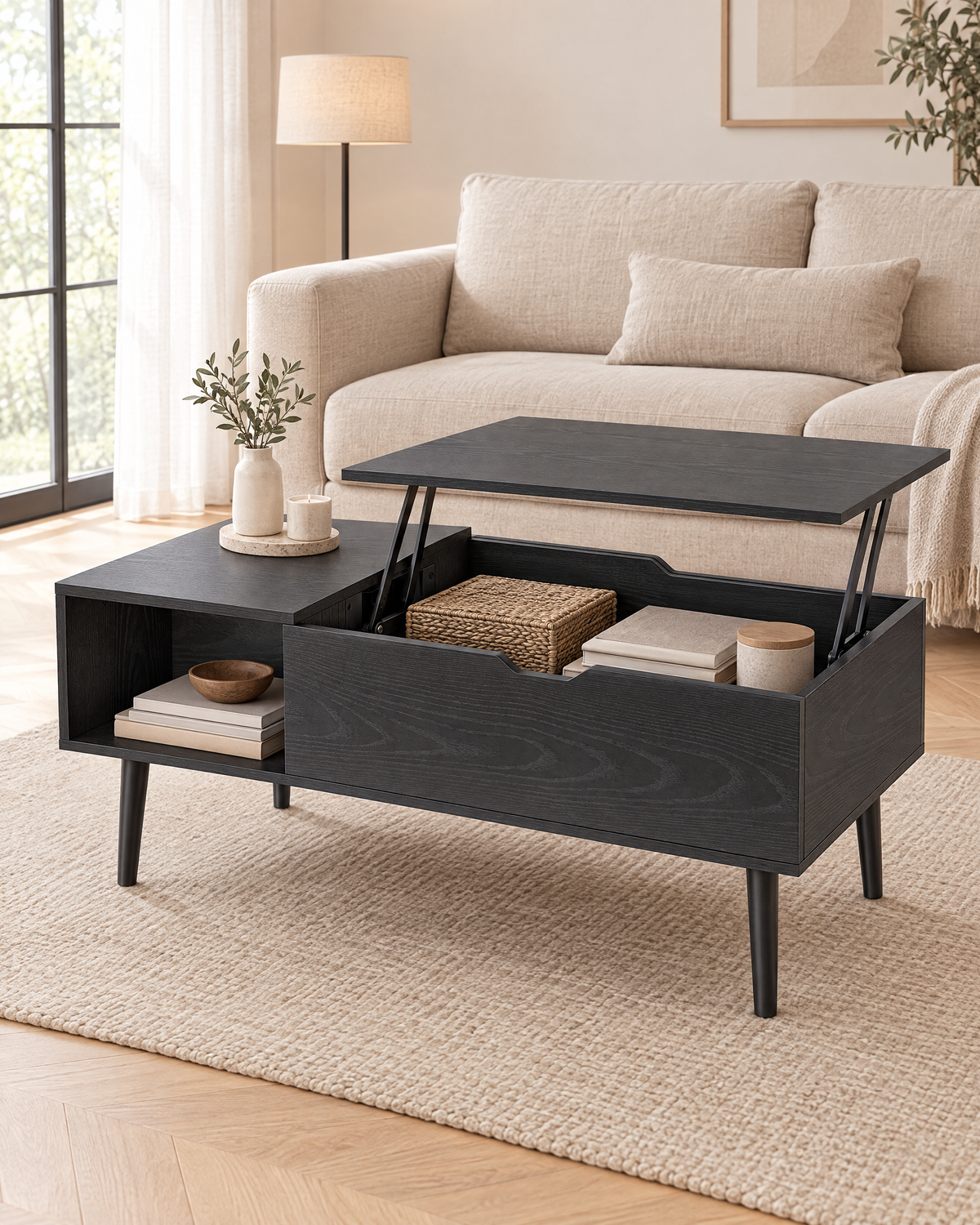 Table basse relevable frêne noir 100 - plan large