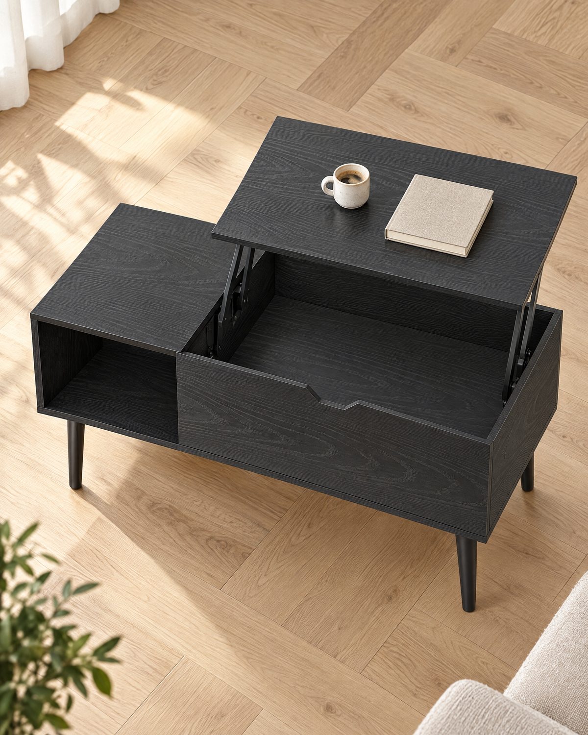 Table basse relevable frêne noir 100 - vue plongeante