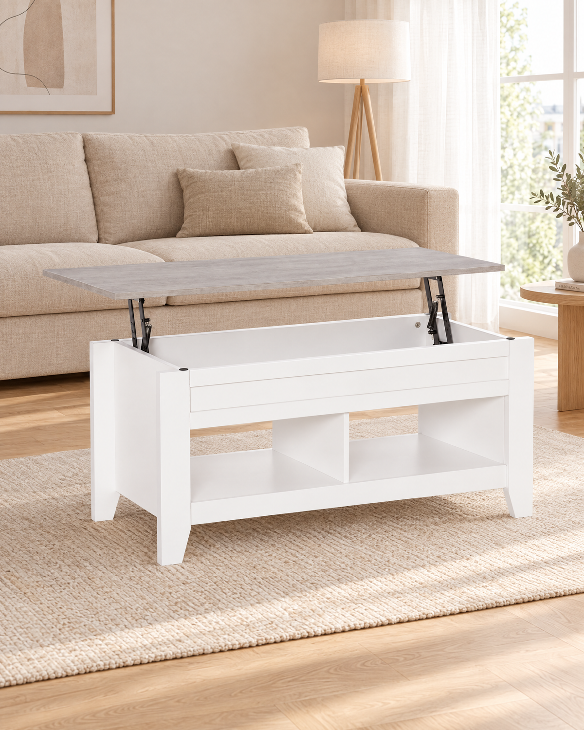Table basse relevable blanc chêne grisé 105 - plan large
