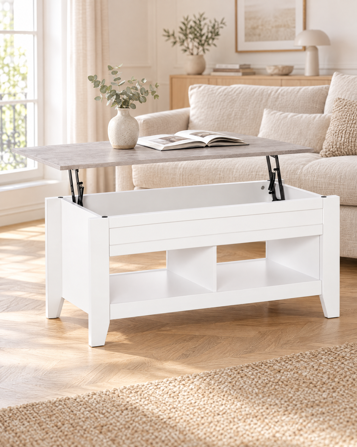 Table basse relevable blanc chêne grisé 105 - salon