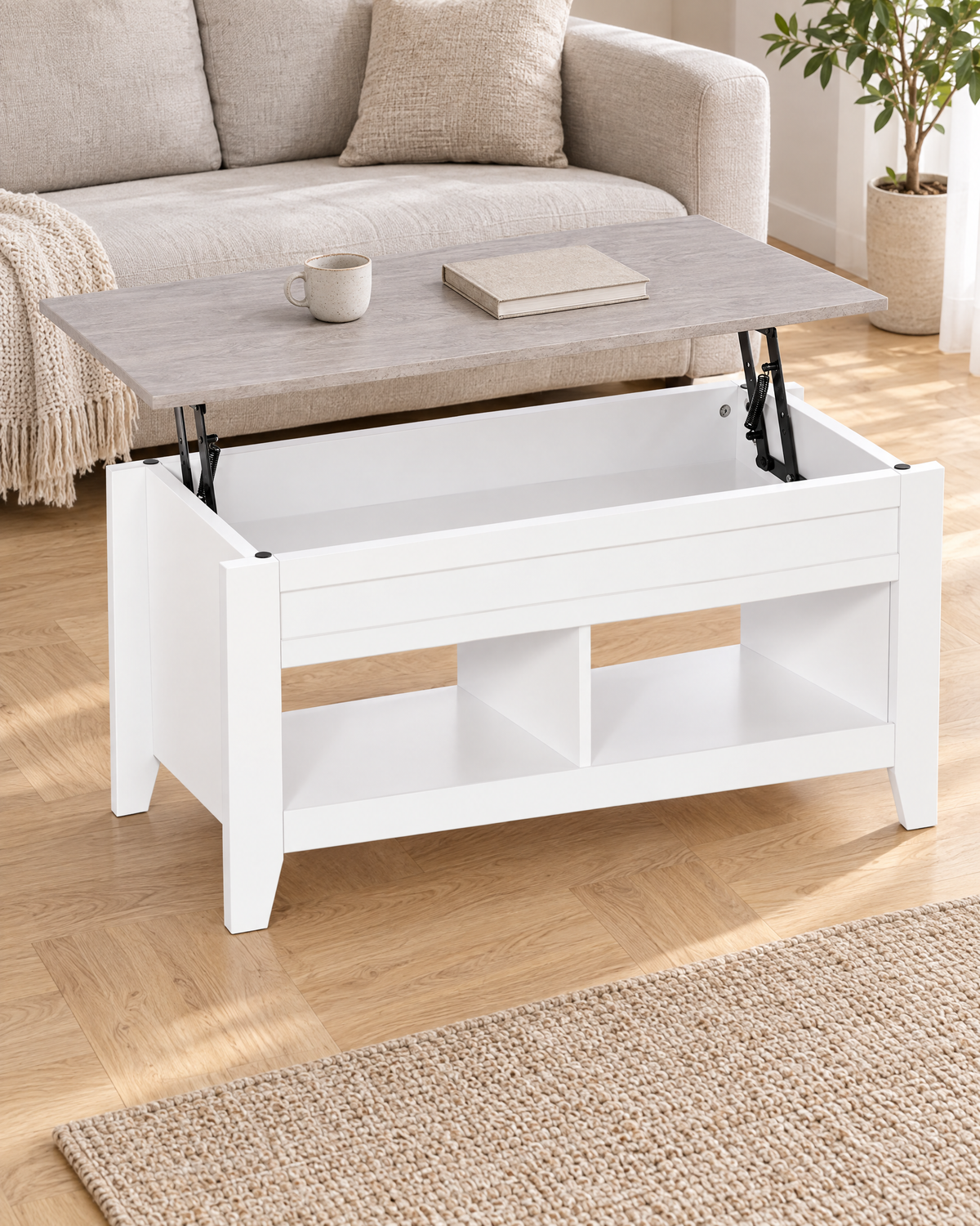 Table basse relevable blanc chêne grisé 105 - vue plongeante