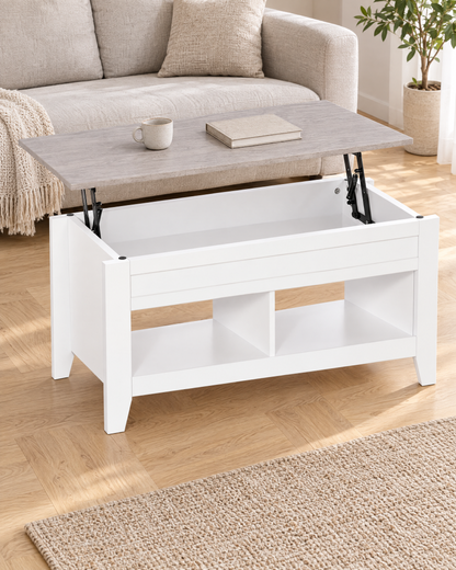 Table basse relevable blanc chêne grisé 105 - vue plongeante
