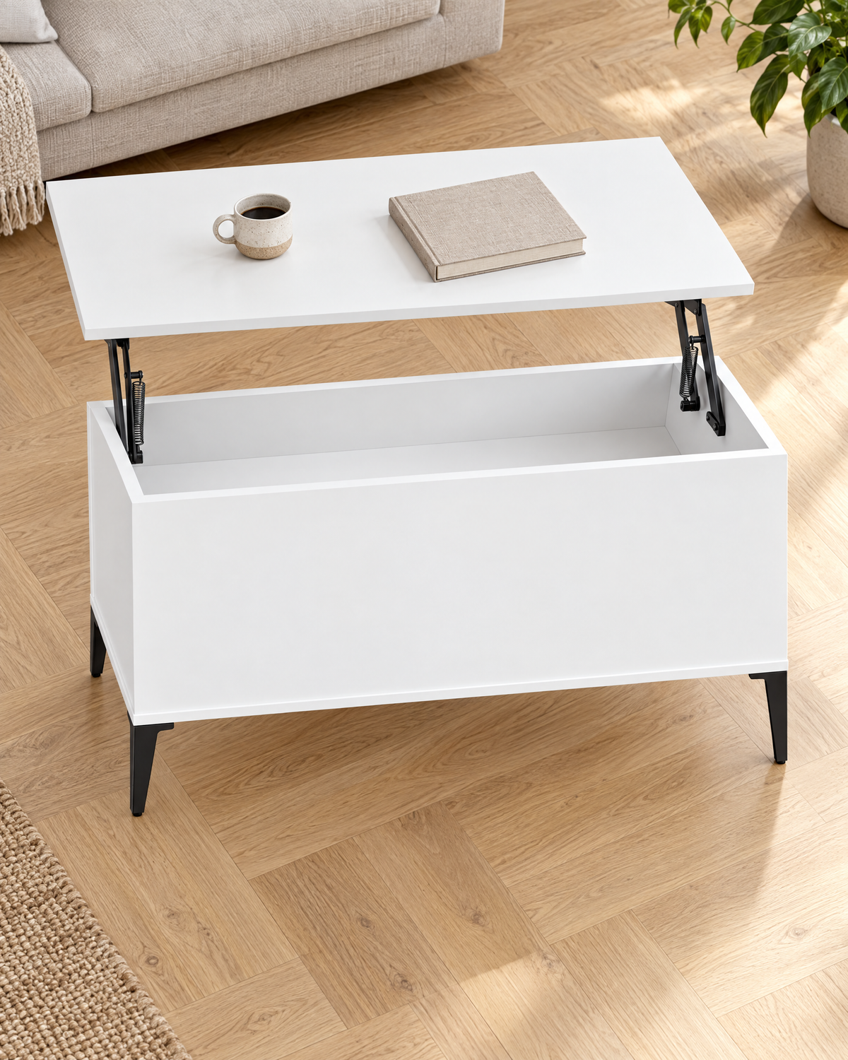 Table basse relevable blanc mat 90 - vue plongeante